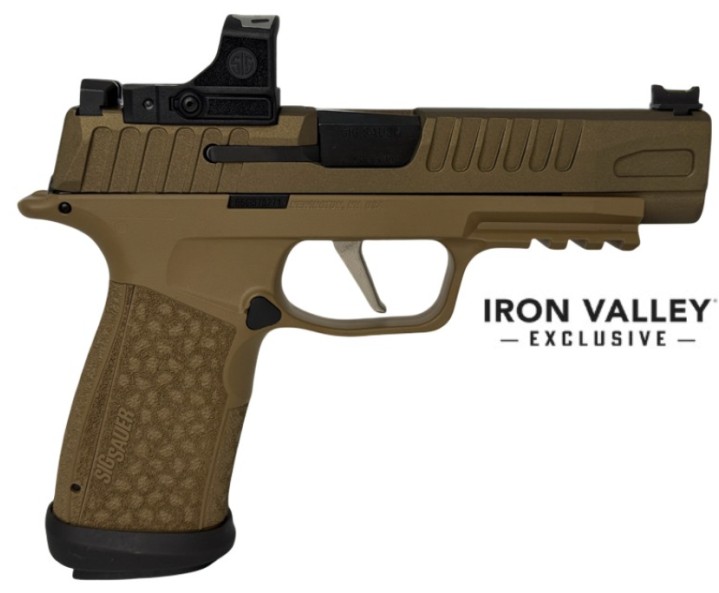 Tan semi-automatic pistol with red dot sight