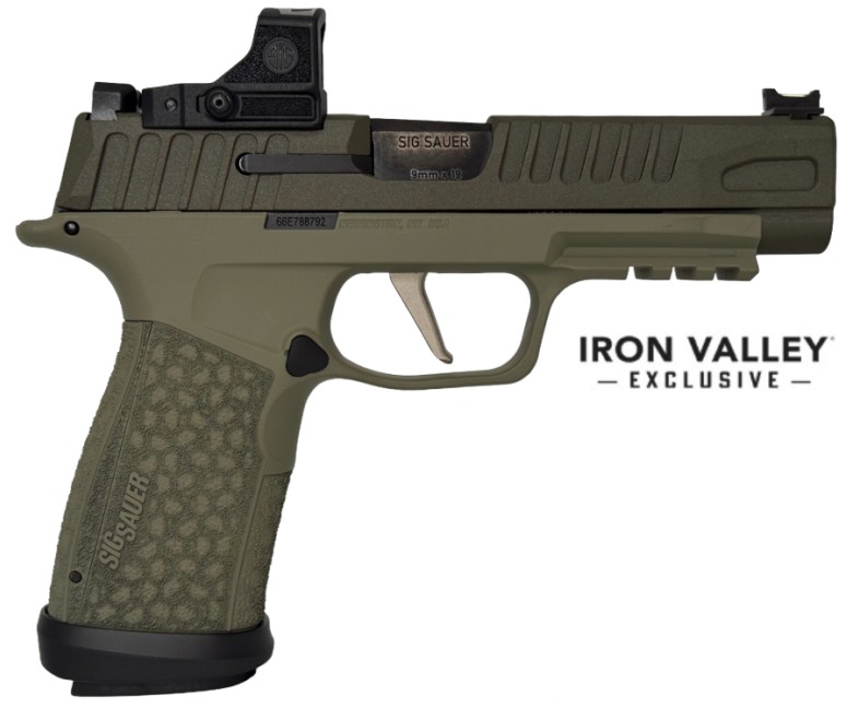 Olive green SIG Sauer pistol with optic sight