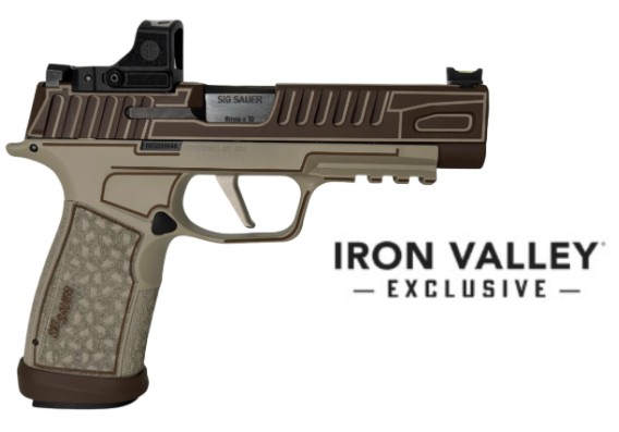 Two-tone Sig Sauer pistol with red dot sight