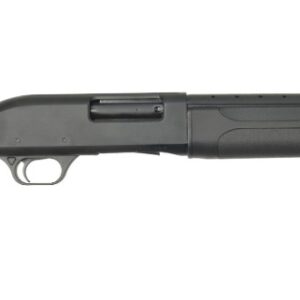 Black pump-action shotgun on white background