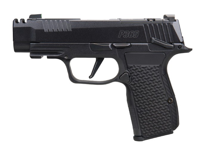 Black semi-automatic handgun on white background