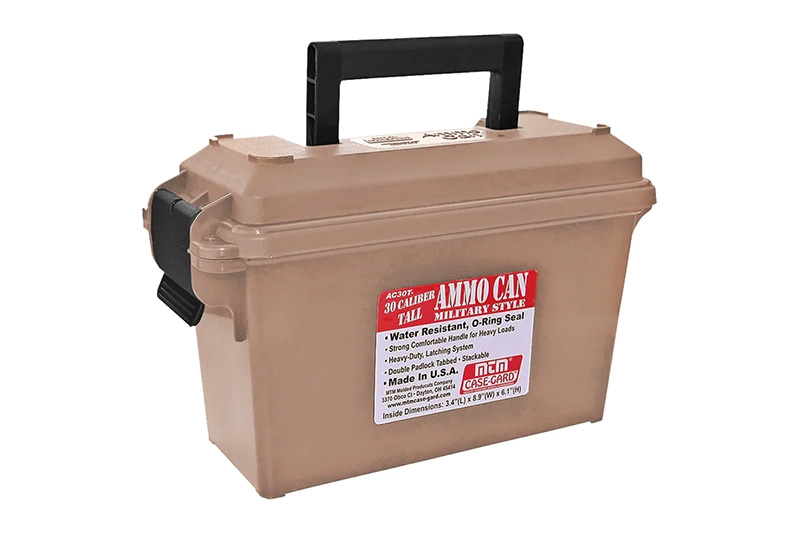 Tan plastic military-style 30 caliber ammo can