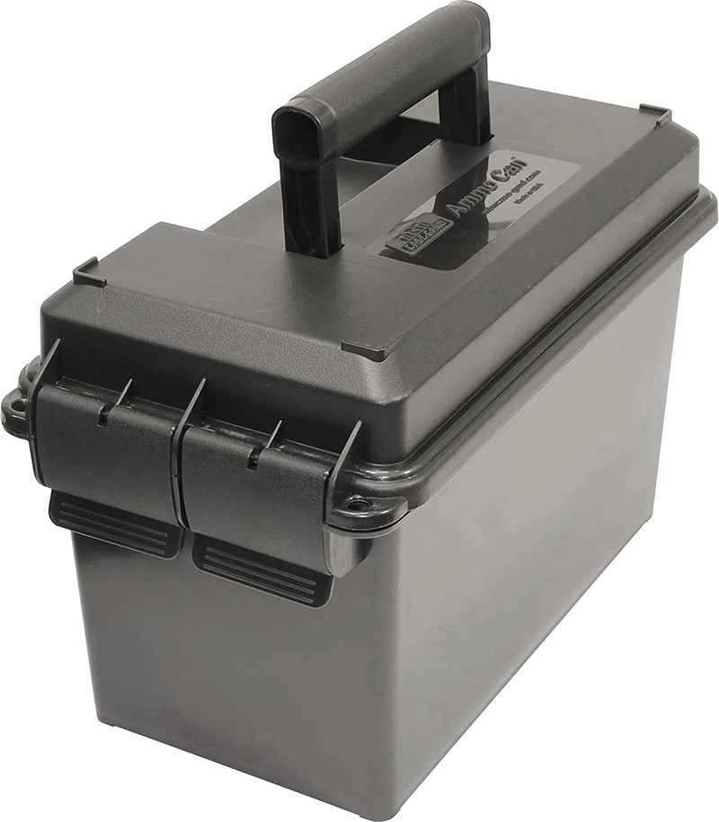 Gray plastic ammo storage box with handle