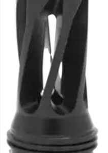 Black cylindrical muzzle brake with angled ports