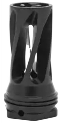 Black cylindrical muzzle brake with angled ports