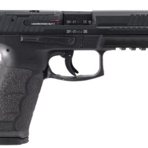 Black semi-automatic handgun on white background