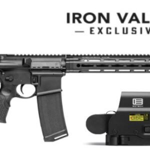 Modern AR-style rifle with holographic sight accessory