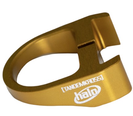 Gold anodized metal clamp with Tandemkross logo
