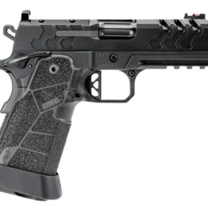 Black semi-automatic handgun on white background