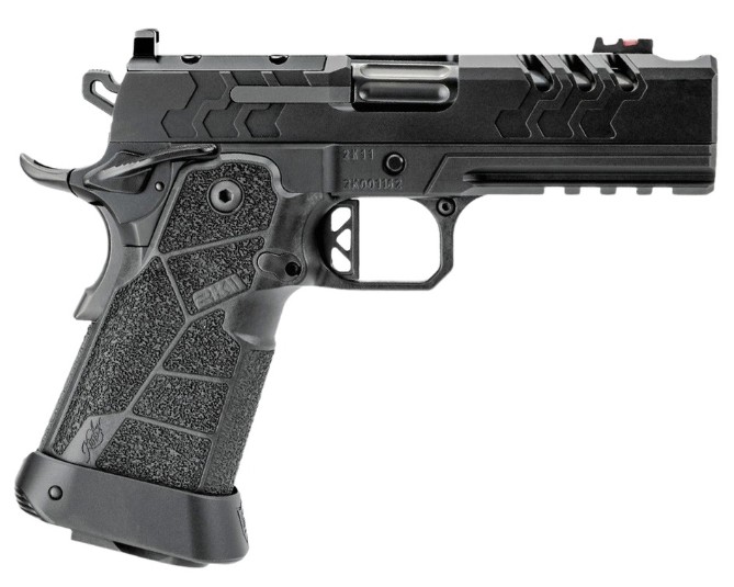 Black semi-automatic handgun on white background