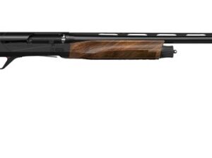 Black and wood semi-automatic shotgun on white background