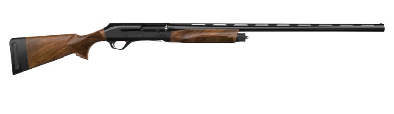 Black and wood semi-automatic shotgun on white background