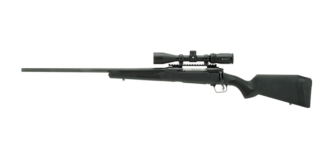 Black bolt-action rifle with mounted scope