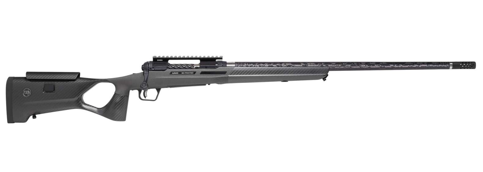 Black carbon-fiber bolt-action rifle on white background