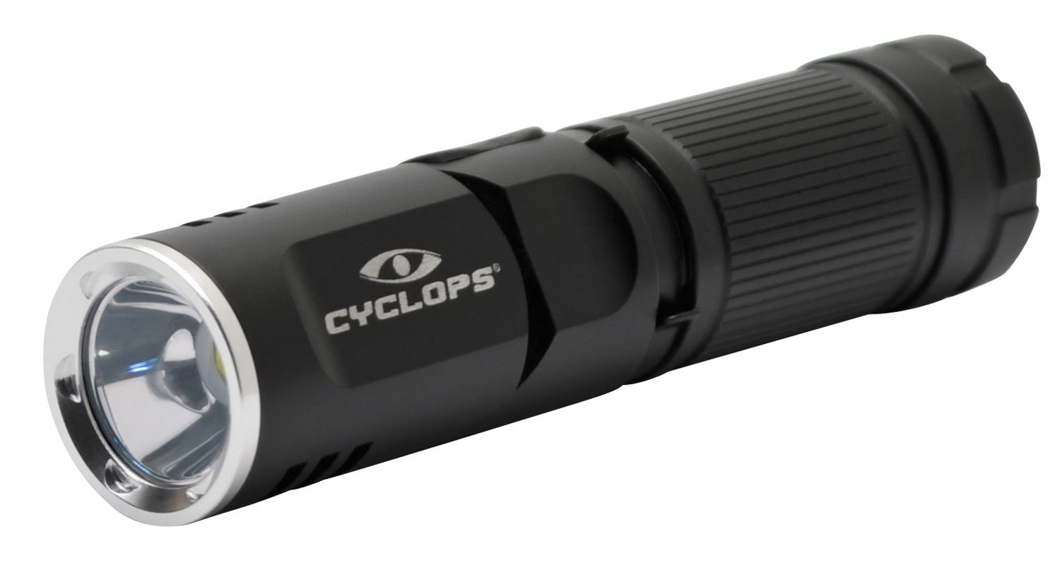 Black Cyclops handheld LED flashlight on white background