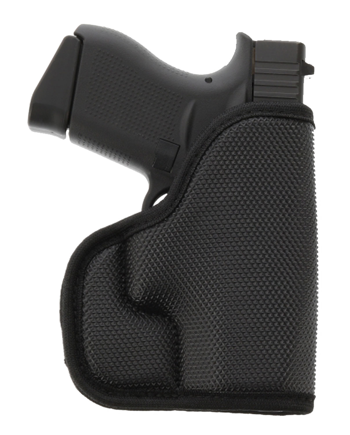 Black handgun in textured holster