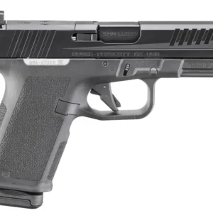 Black semi-automatic handgun on white background