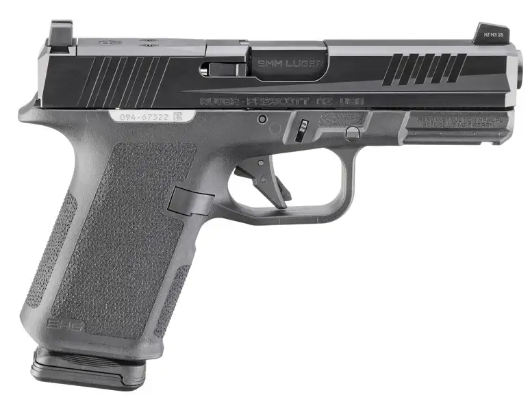 Black semi-automatic handgun on white background
