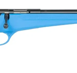 Blue bolt-action rifle on white background