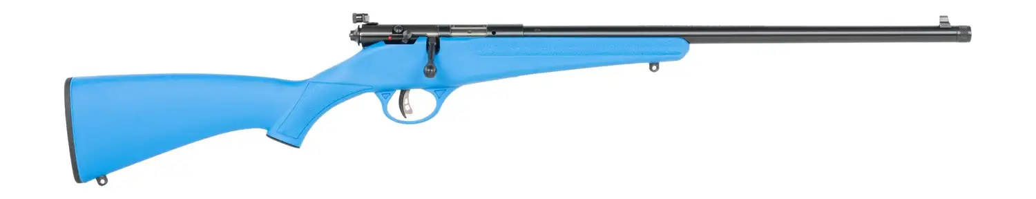 Blue bolt-action rifle on white background