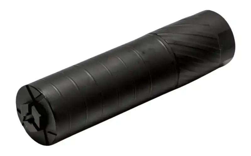 Black cylindrical firearm suppressor on white background