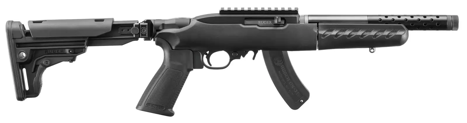 Black Ruger 10/22 tactical rifle with adjustable stock