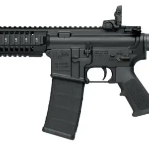 Black AR-15 style semi-automatic rifle