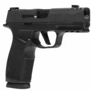 Black semi-automatic handgun on white background