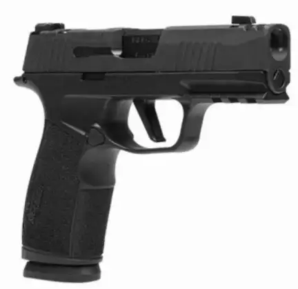 Black semi-automatic handgun on white background