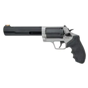 Silver and black revolver on white background