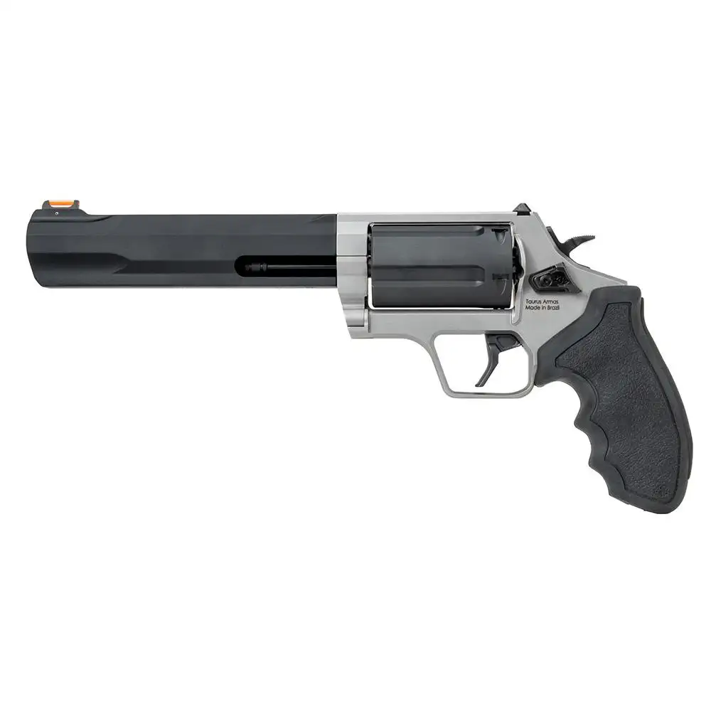 Silver and black revolver on white background