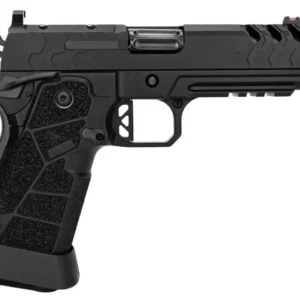 Black semi-automatic handgun on white background