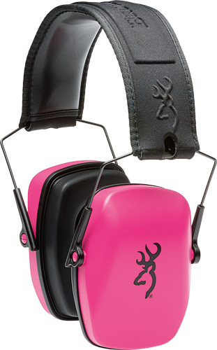 Pink and black over-ear hearing protection earmuffs