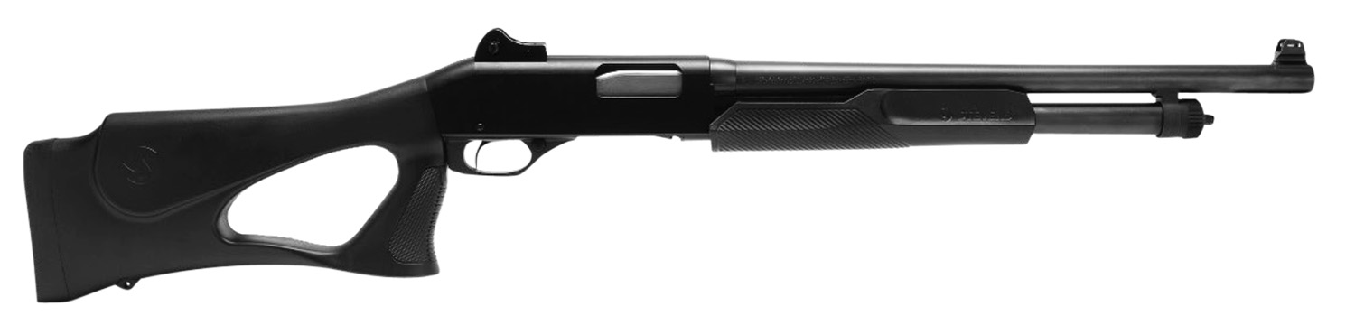 Black pump-action shotgun on white background