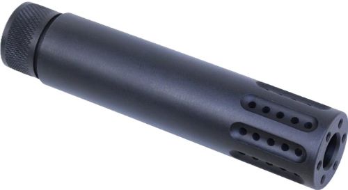 Black metal firearm suppressor on white background