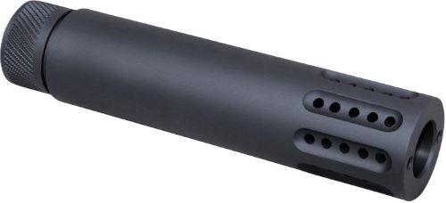 Black cylindrical firearm suppressor on white background