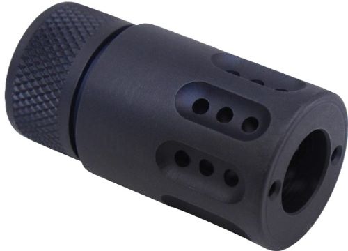 Black metal muzzle brake with side ports