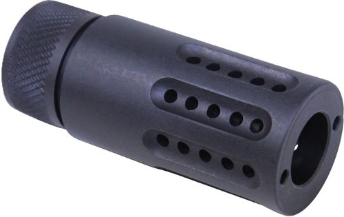 Black metal muzzle brake with vent holes