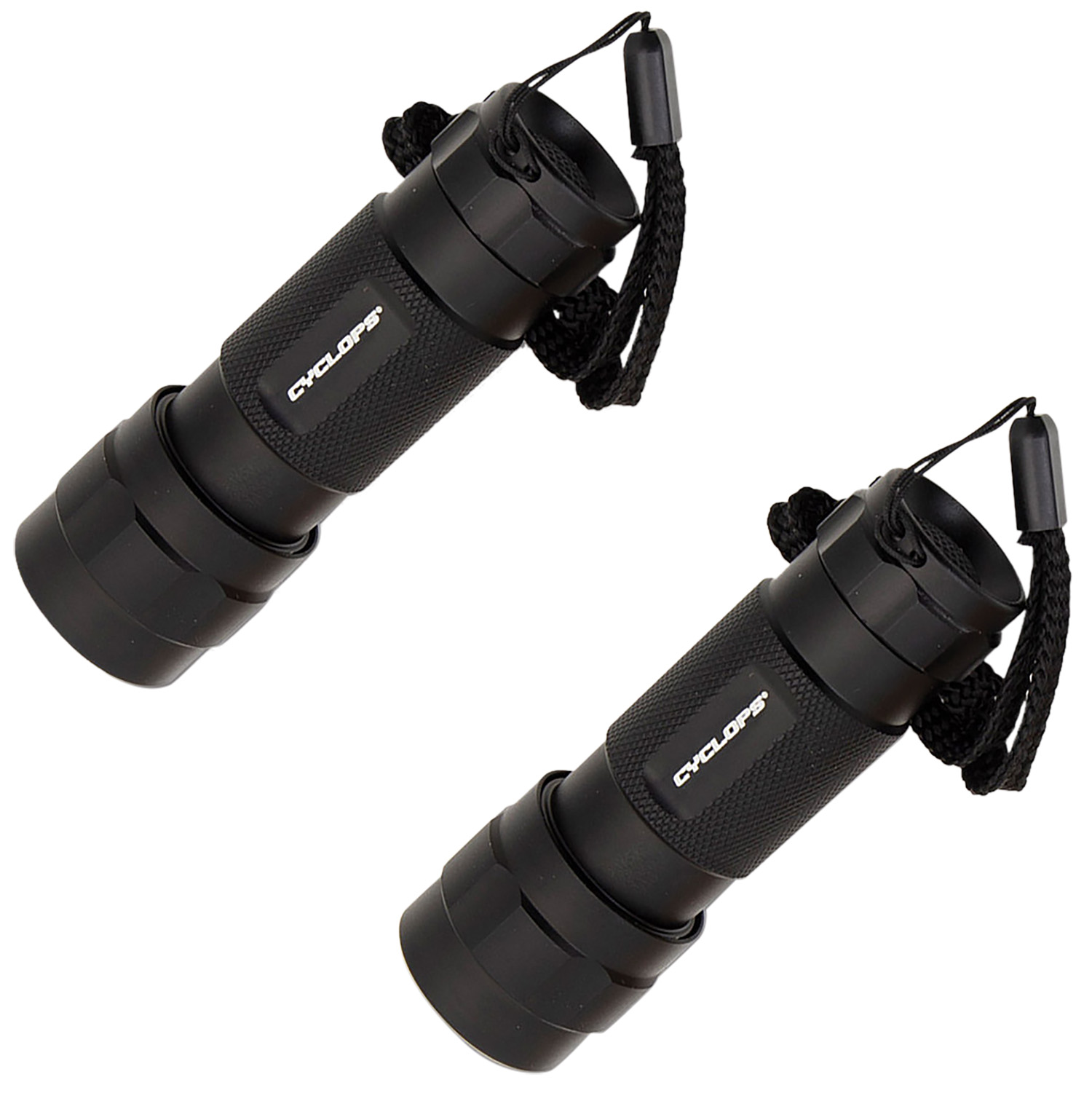 Two black Cyclops handheld flashlights with wrist straps