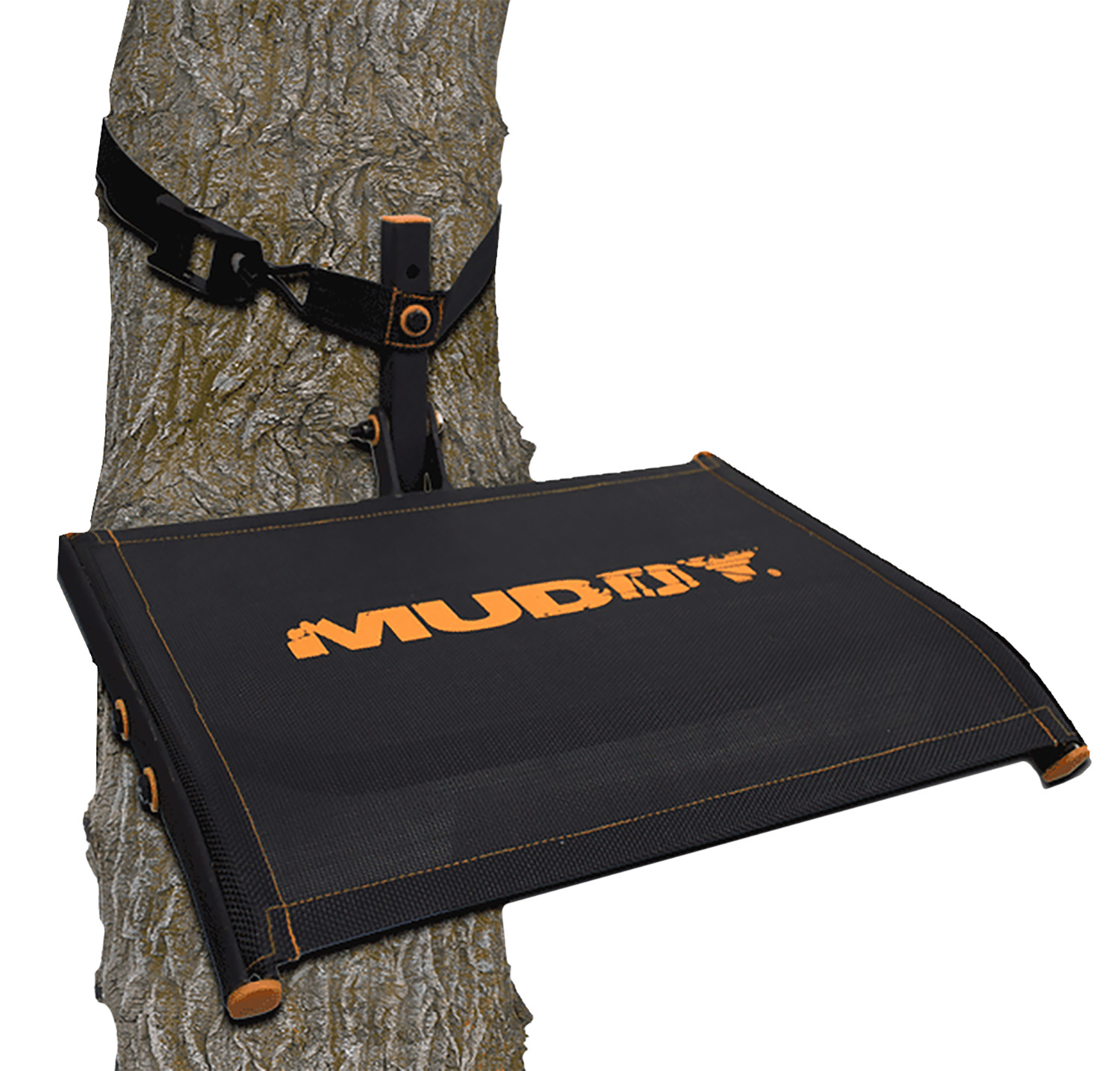 Tree-mounted hunting seat platform with safety strap