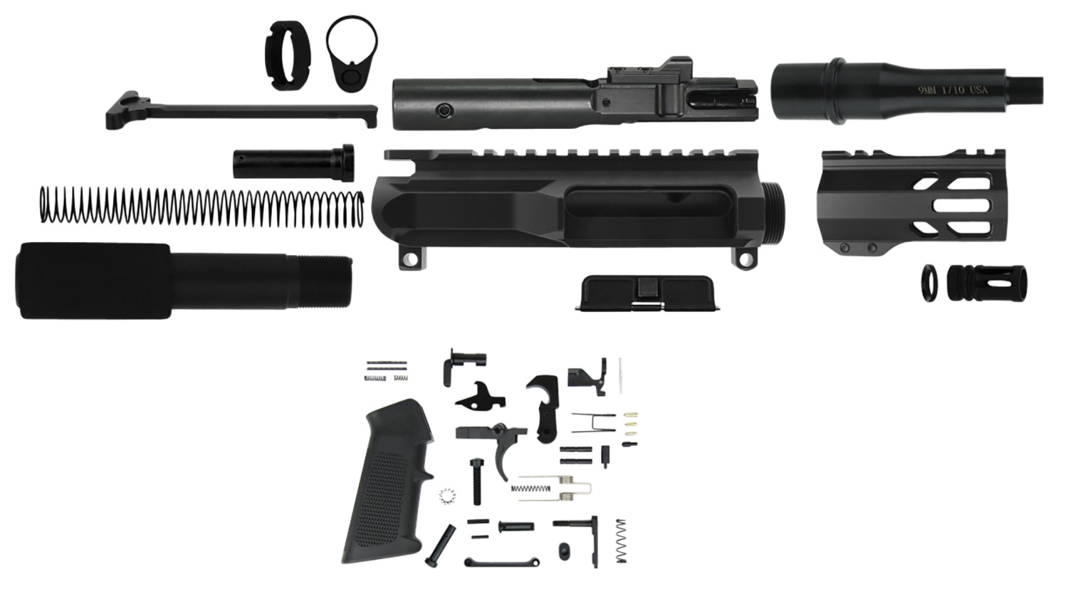 Disassembled AR-15 rifle parts on white background