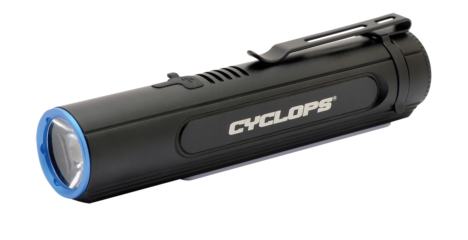 Black Cyclops LED flashlight with pocket clip