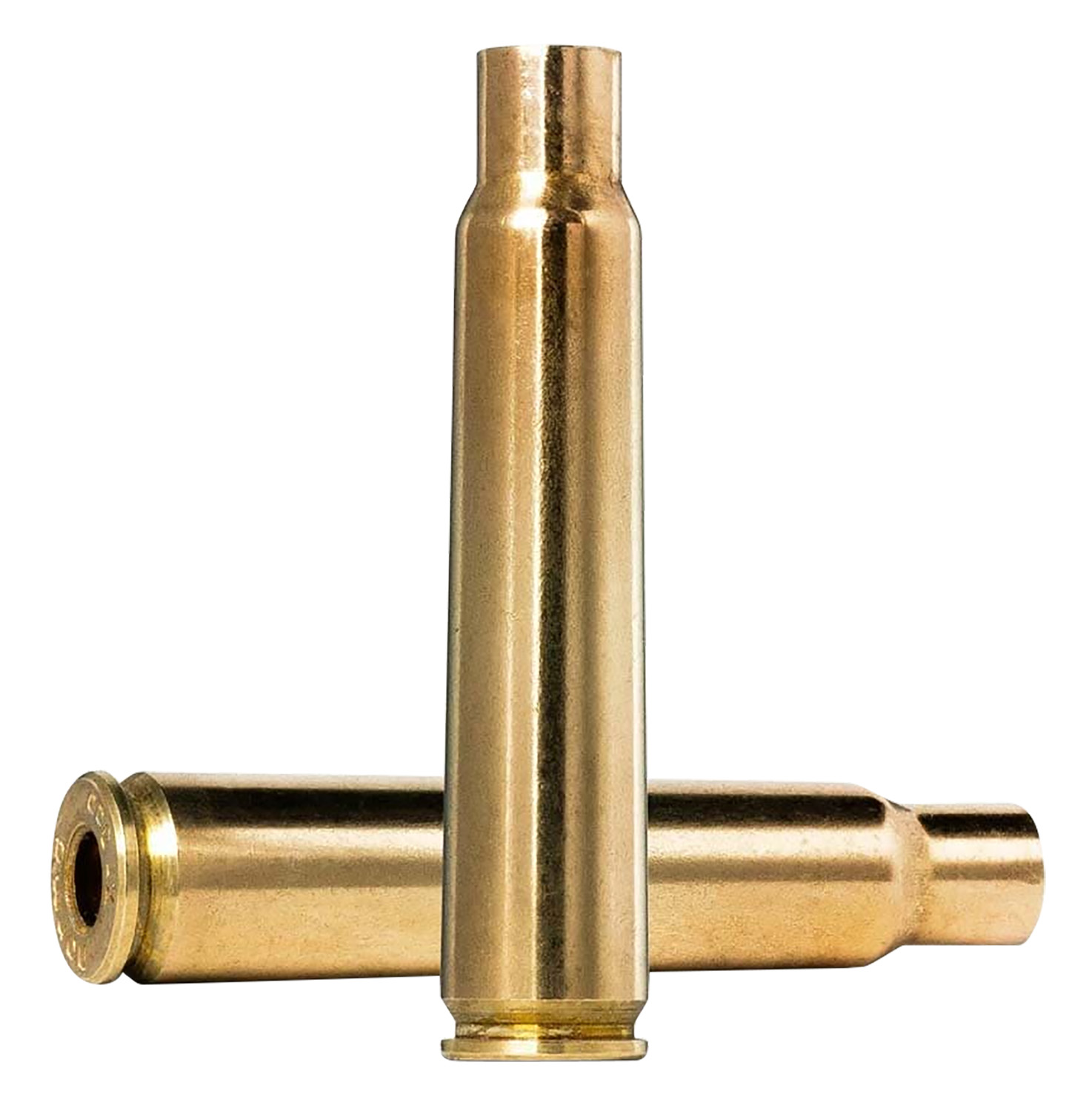 Two brass rifle cartridge cases on white background