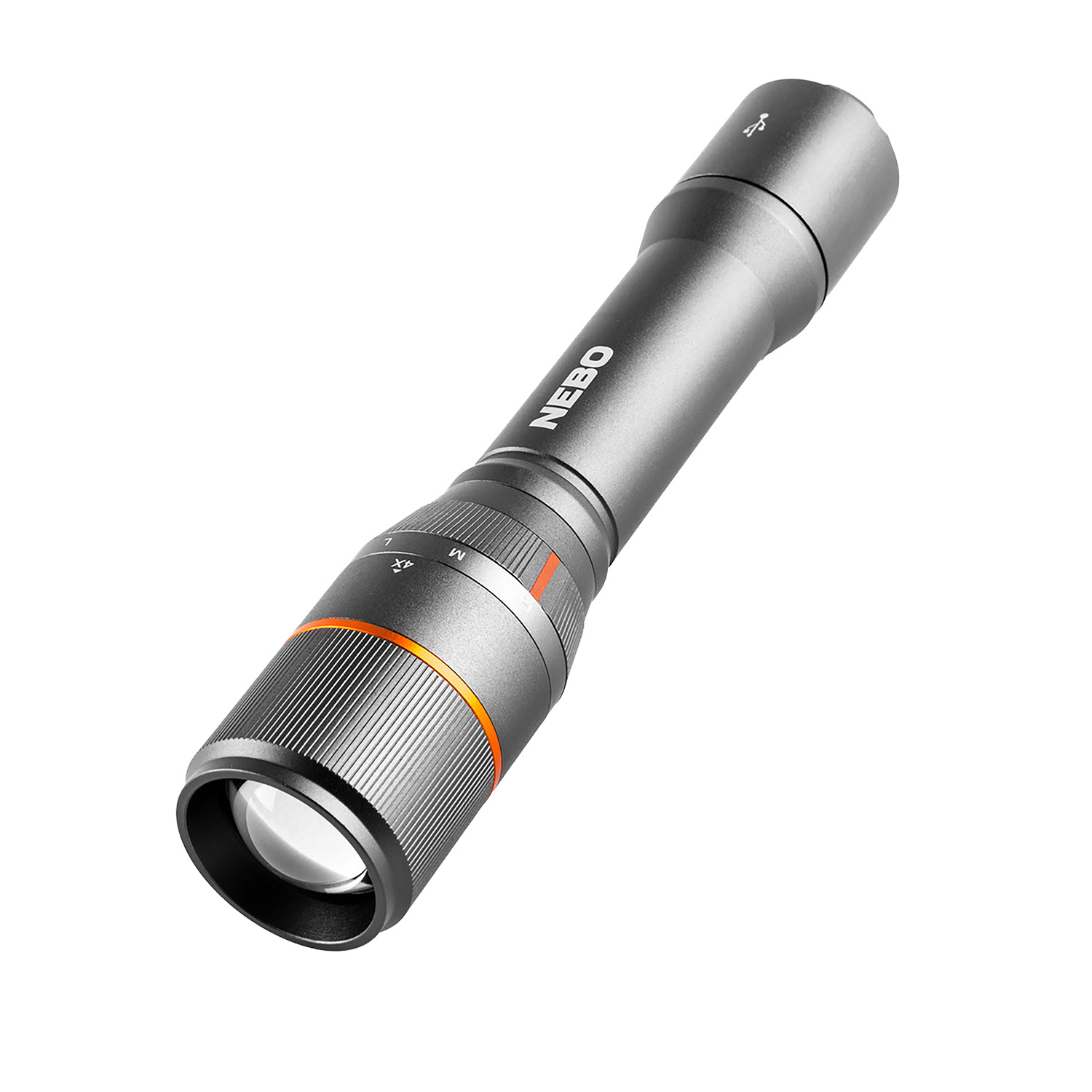 Gray NEBO LED flashlight with orange accent ring