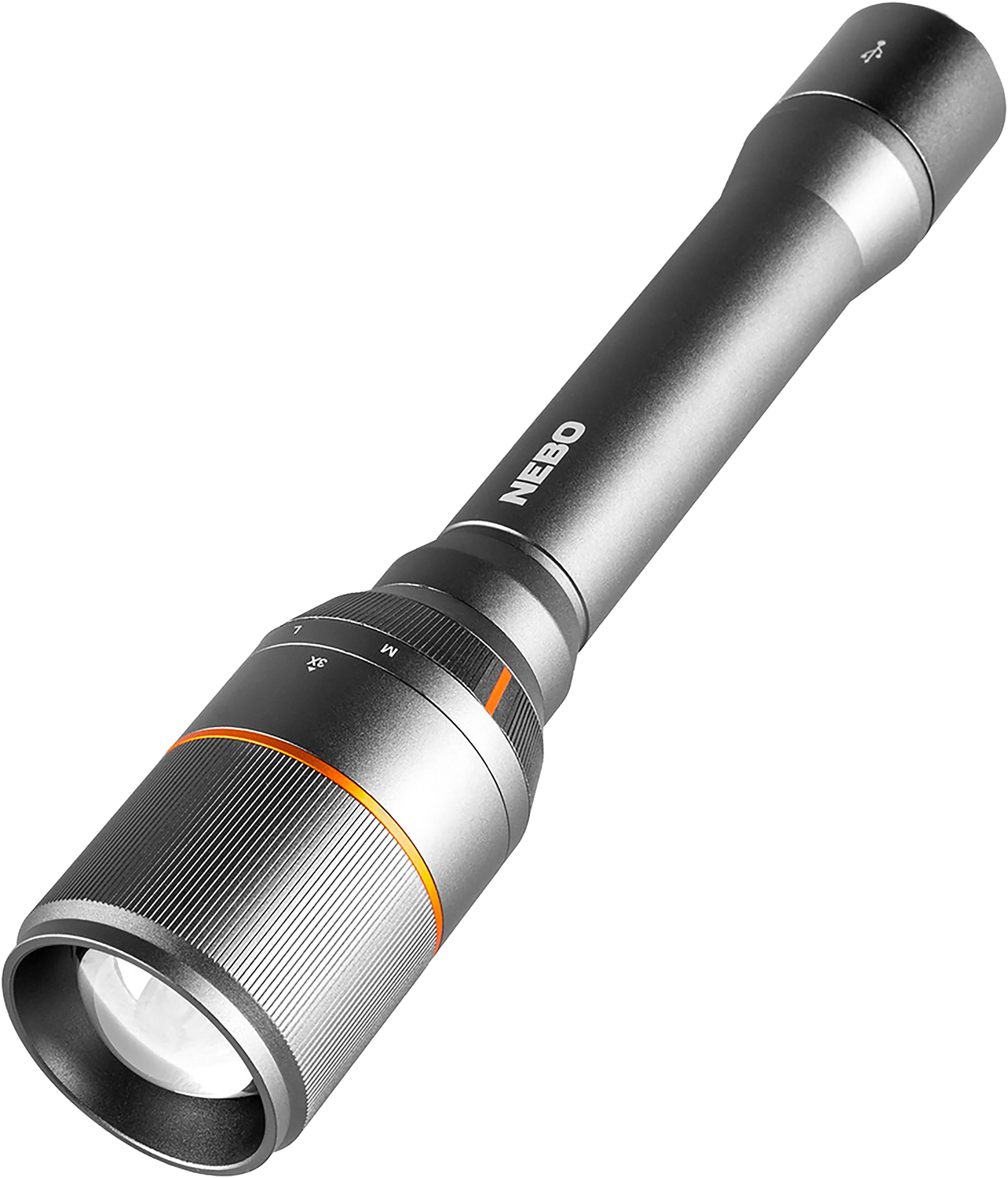Black NEBO metal flashlight with orange accent ring