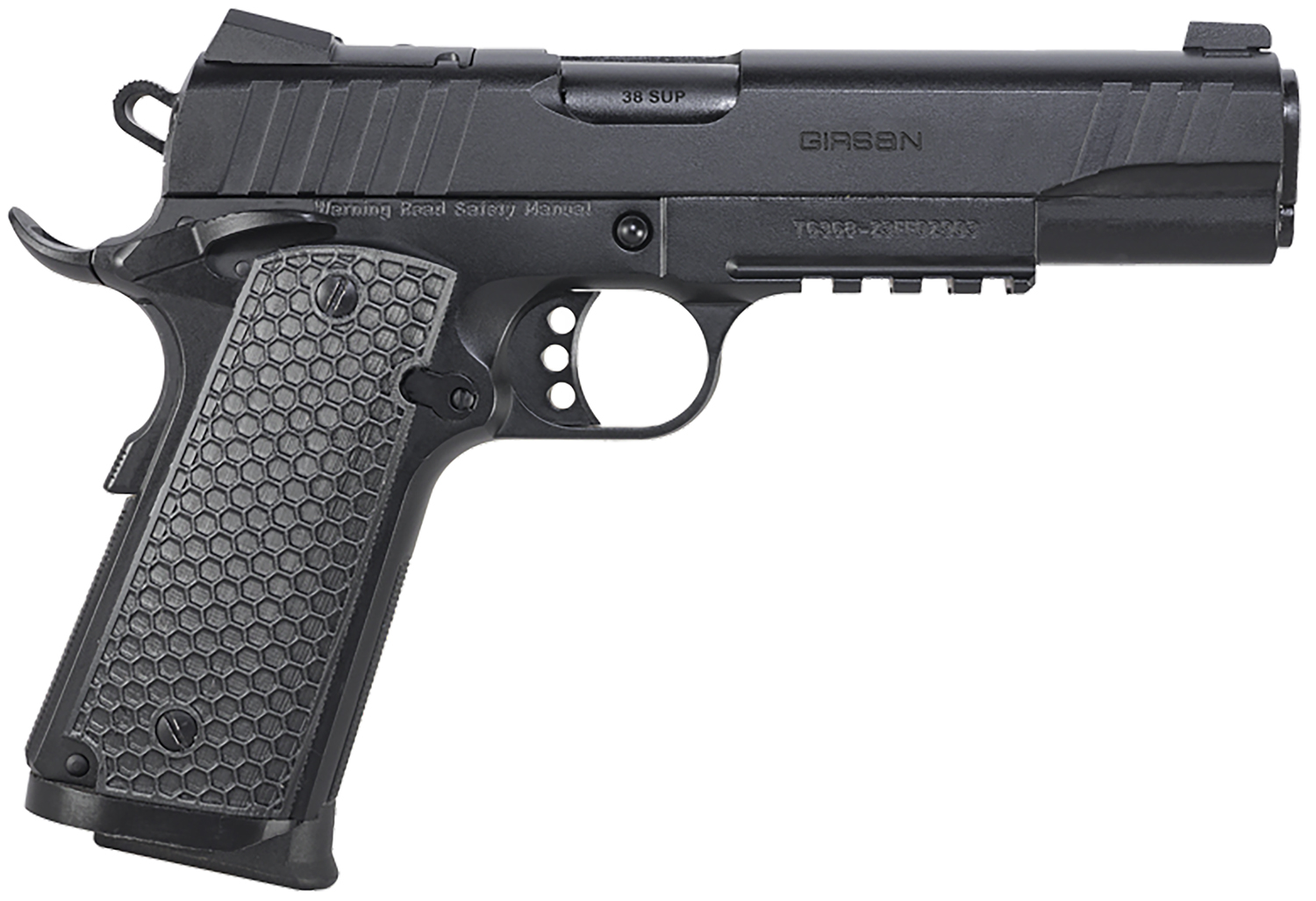 Black semi-automatic handgun on white background