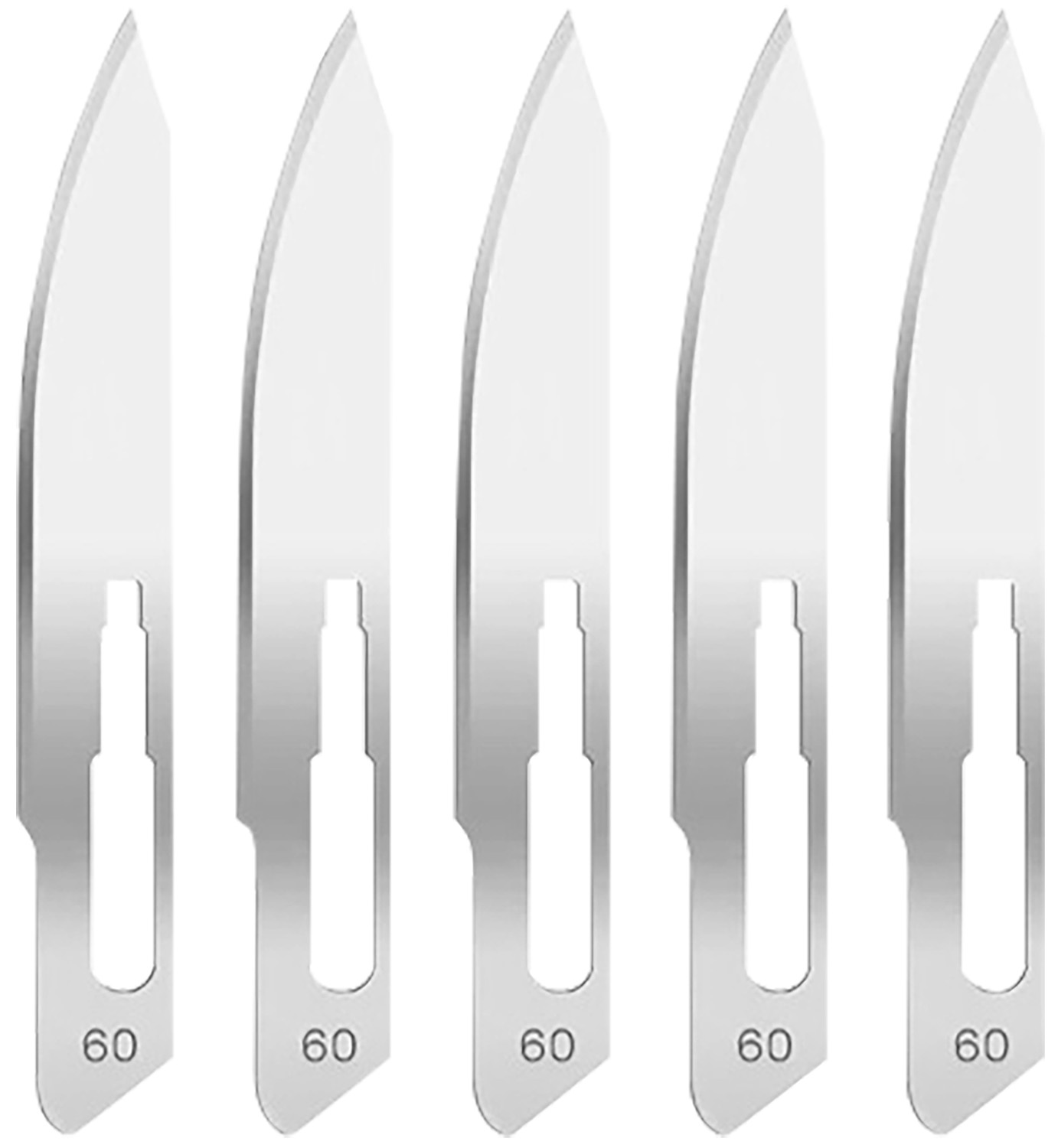 Five surgical scalpel blades labeled 60