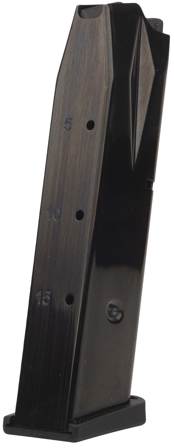 Black metal pistol magazine with round count holes