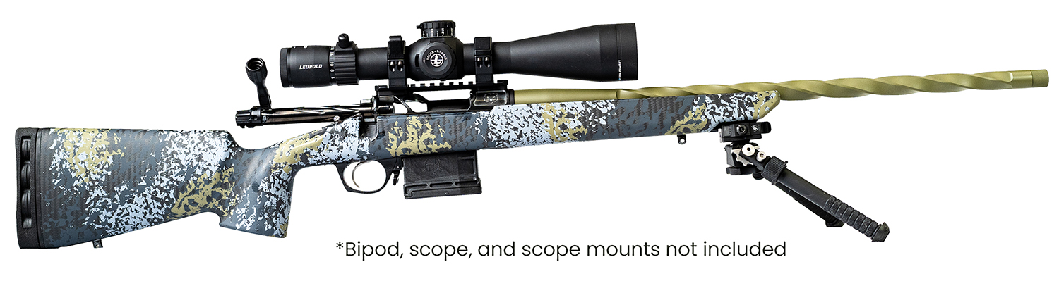 Camouflage bolt-action rifle with scope and bipod