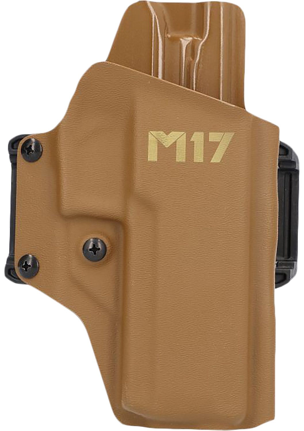 Tan M17 handgun holster with belt clip